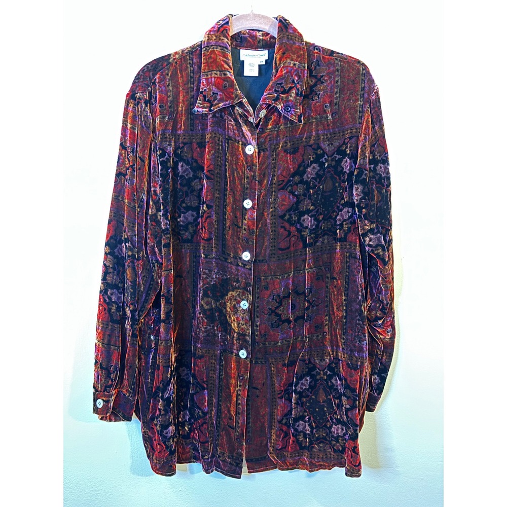Coldwater Creek Rayon Silk Burgundy Velvet Button Up Blouse M Holiday